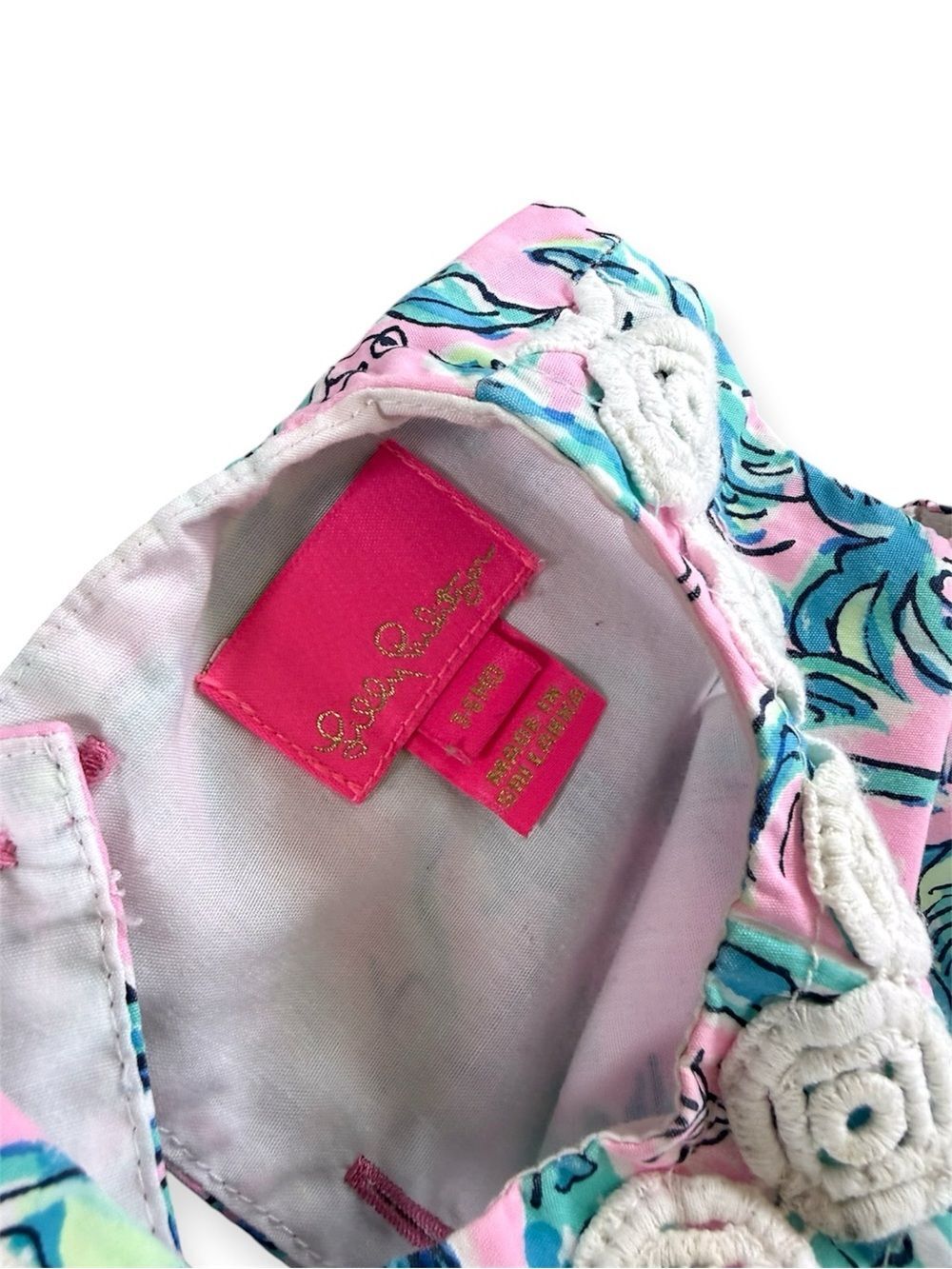 Lilly Pulitzer 3-6m Girls Tropical Print Sleeveless Shift Dress in Pink & Aqua - Picture 3 of 5